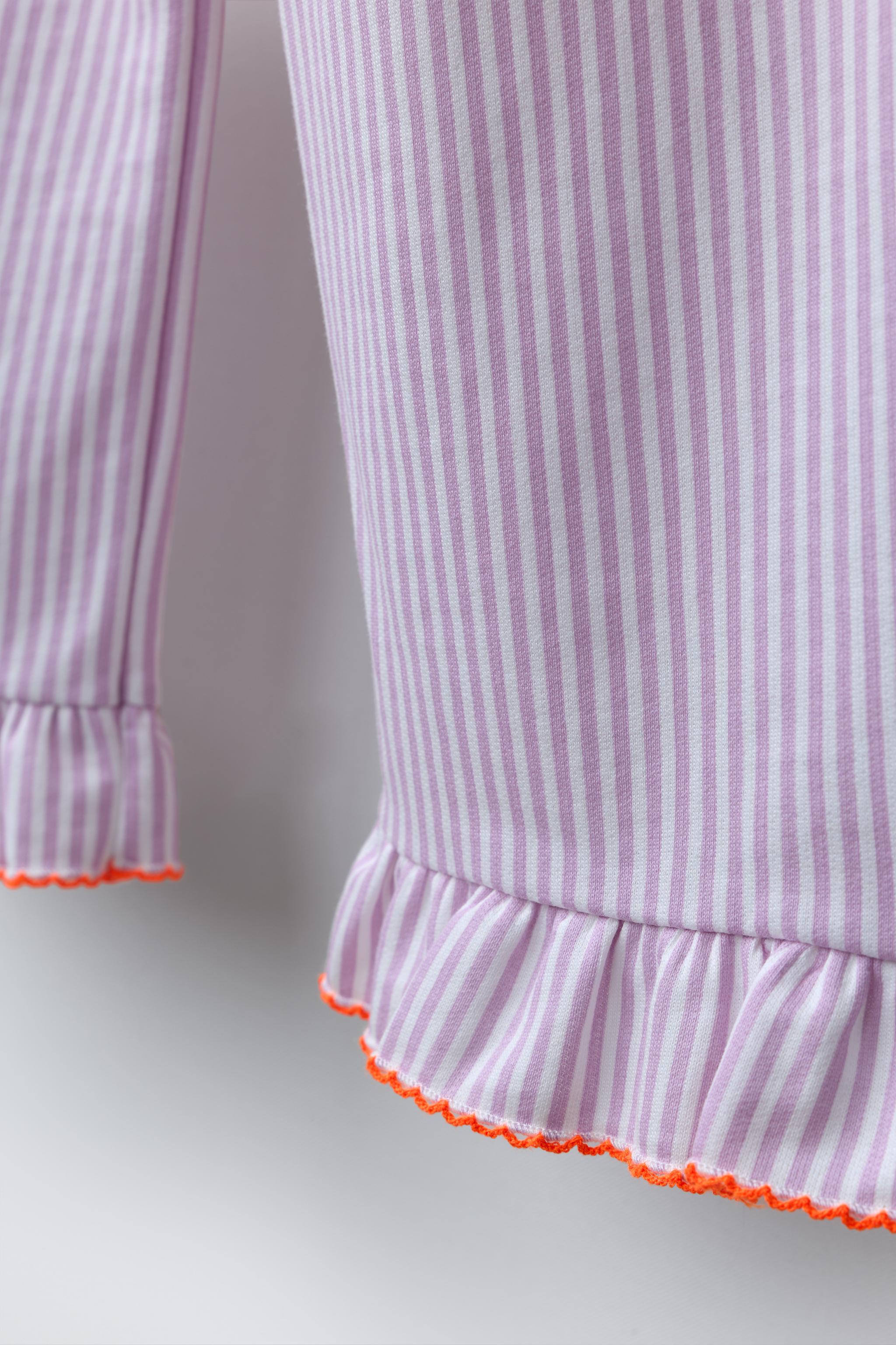 STRIPED CULOTTES WITH RUFFLE AND CONTRASTING PICOT TRIM